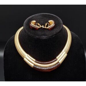 Vintage 1980s Napier Gold-Tone & Brown Lucite Necklace & Clip-On Earrings Set